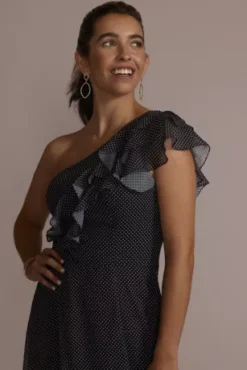 Polka Dot One-Shoulder Ruffle A-Line Dress -Blissful Brides Shop WBM3183V1 BLKMULTI PRTY PROD9 990