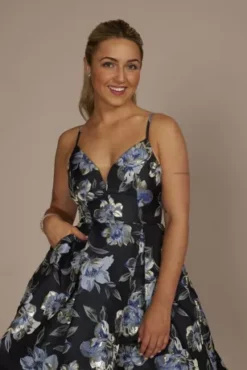 Plunging Metallic Floral Brocade A-Line Dress -Blissful Brides Shop WBM3210 NAVY HC PROD7 064