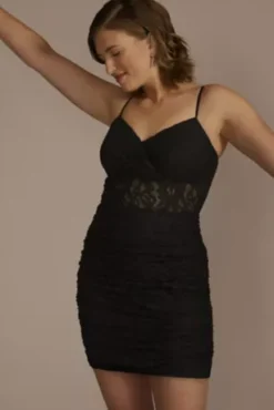 V-Neck Lace Mini Dress With Illusion Waist -Blissful Brides Shop WBM3216 BLACK HC PROD6 1379