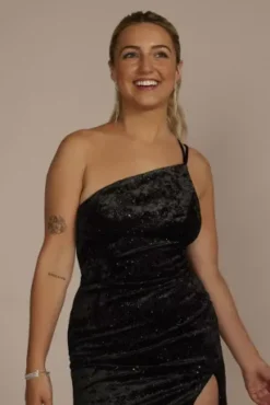One-Shoulder Velvet Sparkle Mini Dress With Slit -Blissful Brides Shop WBM3218 BLACK HC PROD7 079
