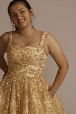 Square Neck Sequin Embellished Damas Dress -Blissful Brides Shop WBM3239 GOLD QUINCE PROD7 060