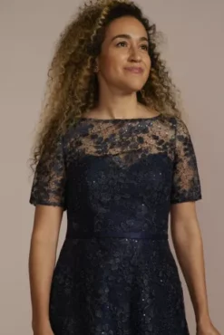 Short Sleeve Illusion Lace High-Low Dress 8 Short Sleeve Illusion Lace High-Low Dress -Blissful Brides Shop WBM3288 NAVY MOB PROD6 137