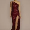 One Shoulder Sequin Sheath With Slit -Blissful Brides Shop WBM3322 RED PRTY PROD6 019