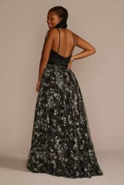 Corset Ball Gown With Star Patterned Glitter Skirt -Blissful Brides Shop WBM3338 BLACK PROD9 PRM 851