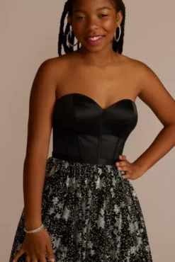 Corset Ball Gown With Star Patterned Glitter Skirt -Blissful Brides Shop WBM3338 BLACK PROD9 PRM 920