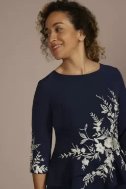 Crepe Peplum Dress With Floral Embroidery -Blissful Brides Shop WBM3347 MARINE MOB PROD6 125