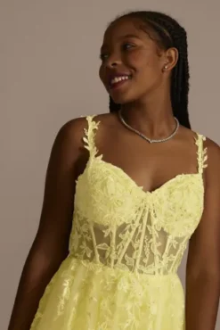 Floral Applique Ballgown With Illusion Corset -Blissful Brides Shop WBM3377 CANARY PROD9 PRM 2862