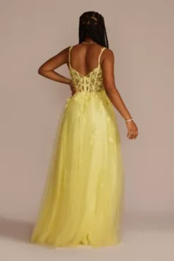 Floral Applique Ballgown With Illusion Corset -Blissful Brides Shop WBM3377 CANARY PROD9 PRM 2871