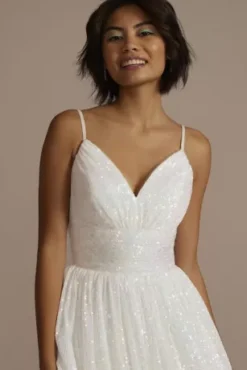 Iridescent Sequin V-Neck Ball Gown -Blissful Brides Shop WBM3382 WHITE PRM PROD9 2632