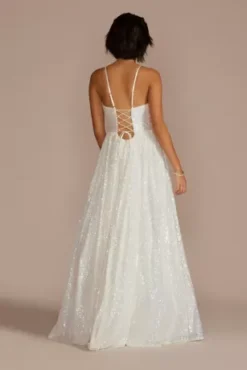 Iridescent Sequin V-Neck Ball Gown -Blissful Brides Shop WBM3382 WHITE PRM PROD9 2648