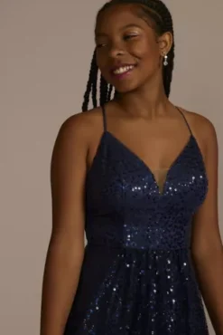 Illusion Plunge Allover Sequin Ball Gown -Blissful Brides Shop WBM3385 NAVY PROD9 PRM 491