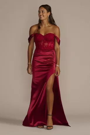 Off-Shoulder Satin Sheath With Embroidered Corset 3 Off-Shoulder Satin Sheath With Embroidered Corset
