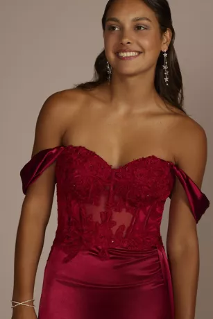 Off-Shoulder Satin Sheath With Embroidered Corset 5 Off-Shoulder Satin Sheath With Embroidered Corset - Image 3