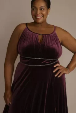 Plus Size Embellished Velvet A-Line With Keyholes -Blissful Brides Shop WBM3450W WINE MOB PROD6 3501