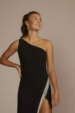 One-Shoulder Fringe Trimmed Crepe Sheath -Blissful Brides Shop WBM3476 BLACK PRM PROD11 054 1