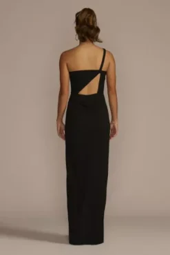 One-Shoulder Fringe Trimmed Crepe Sheath -Blissful Brides Shop WBM3476 BLACK PRM PROD11 063 1