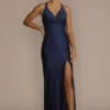 Stretch Satin Sheath With Embroidered Illusion -Blissful Brides Shop WBM3484 NAVY PRM PROD11 001