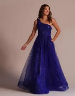 One-Shoulder Glitter Tulle 3D Floral Ball Gown -Blissful Brides Shop WBM3495 Horizon PRTY