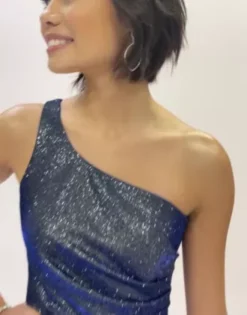 One-Shoulder Glitter Metallic Pleated Dress 10 One-Shoulder Glitter Metallic Pleated Dress -Blissful Brides Shop WBM3553 PDP