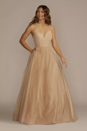 Lace-Up Glitter Tulle V-Neck Ball Gown 3 Lace-Up Glitter Tulle V-Neck Ball Gown