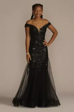 Off-the-Shoulder Sequin Tulle Mermaid Dress