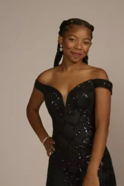 Off-the-Shoulder Sequin Tulle Mermaid Dress -Blissful Brides Shop WBM3563 BLACK PRM PROD11 042