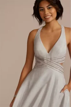 Metallic Glitter Knit Embellished A-Line 7 Metallic Glitter Knit Embellished A-Line -Blissful Brides Shop WBM3579 SILVER PRM PROD9 1902 1