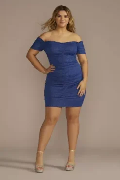 Short Off-the-Shoulder Ruched Glitter Sheath