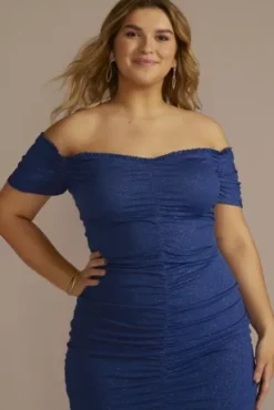 Short Off-the-Shoulder Ruched Glitter Sheath -Blissful Brides Shop WBM3617W BLUMULTI JRPRTY PROD2 1199