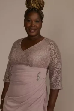 Three-Quarter Sleeve Lace And Mesh Sheath Dress 9 Three-Quarter Sleeve Lace And Mesh Sheath Dress -Blissful Brides Shop WBM3659W QUARTZ MOB PROD10 361