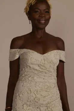Off-the-Shoulder Stretch Metallic Jacquard Dress -Blissful Brides Shop WBM3663 CHAMP MOB PROD10 1181