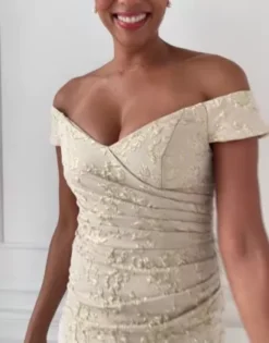 Off-the-Shoulder Stretch Metallic Jacquard Dress -Blissful Brides Shop WBM3663 PDP