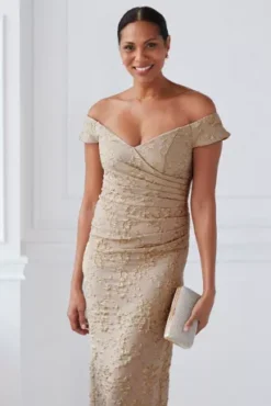 Off-the-Shoulder Stretch Metallic Jacquard Dress -Blissful Brides Shop WBM3663 PDP Crop FEB27 1920x2880