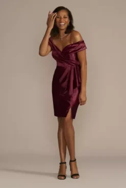 Short Off-the-Shoulder Stretch Satin Ruffle Sheath