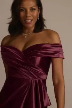 Short Off-the-Shoulder Stretch Satin Ruffle Sheath 8 Short Off-the-Shoulder Stretch Satin Ruffle Sheath -Blissful Brides Shop WBM3675 WINE MOB PROD12 102