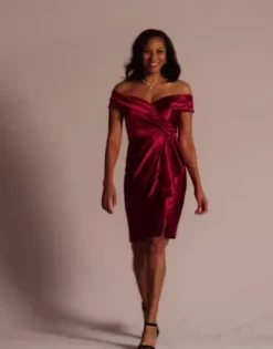 Short Off-the-Shoulder Stretch Satin Ruffle Sheath 9 Short Off-the-Shoulder Stretch Satin Ruffle Sheath -Blissful Brides Shop WBM3675 Wine