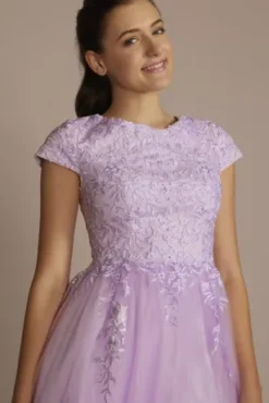 Cap Sleeve Embroidered Lace Tulle Ball Gown -Blissful Brides Shop WBM3735 LILAC PRM PROD10 053 V2