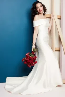Off-the-Shoulder Mikado Trumpet Wedding Dress -Blissful Brides Shop WG3880 PDP Crop JAN12 1920x2880