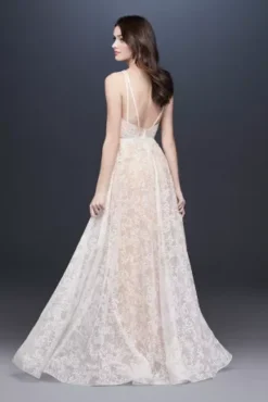 Strappy Deep V-Neck Lace Sheath Wedding Dress -Blissful Brides Shop WG3959 SOFTWHITENUDE GLNA PROD1 114