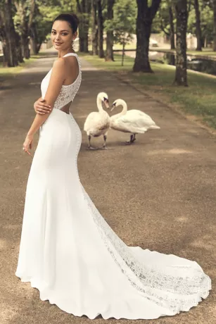 Sheer Back Crepe Wedding Dress With Lace Train 8 Sheer Back Crepe Wedding Dress With Lace Train - Image 6