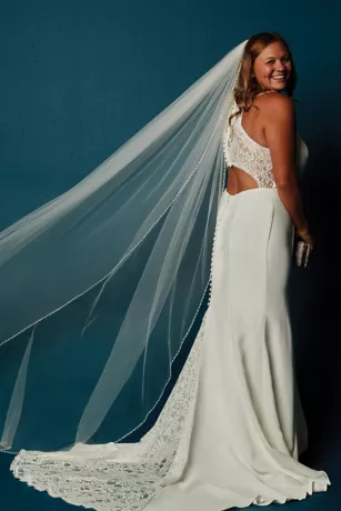 Sheer Back Crepe Wedding Dress With Lace Train 9 Sheer Back Crepe Wedding Dress With Lace Train - Image 7