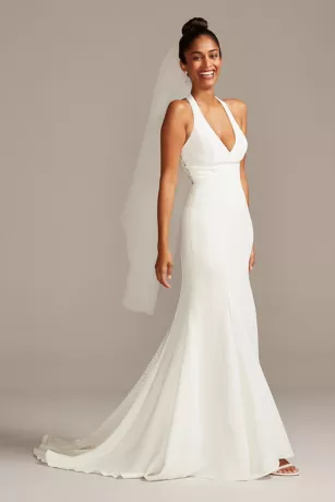 Sheer Back Crepe Wedding Dress With Lace Train 3 Sheer Back Crepe Wedding Dress With Lace Train