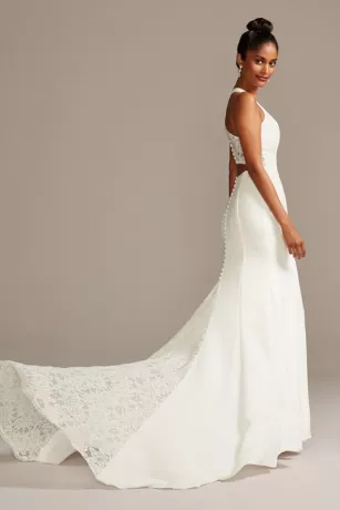 Sheer Back Crepe Wedding Dress With Lace Train 4 Sheer Back Crepe Wedding Dress With Lace Train - Image 2