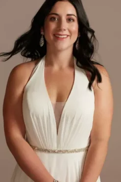 Chiffon Halter Plunge Beaded Waist Wedding Dress -Blissful Brides Shop WG4014 SOFTWHITE DBSTU PROD12 V2 189