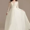 Long Sleeve Plunge Lace Chiffon Wedding Dress -Blissful Brides Shop WG4035 SFTWHTSTONE DBSTU PROD3 239