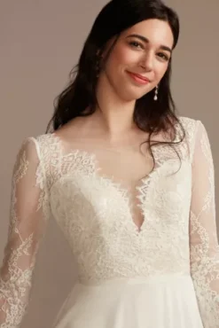 Long Sleeve Plunge Lace Chiffon Wedding Dress 9 Long Sleeve Plunge Lace Chiffon Wedding Dress -Blissful Brides Shop WG4035 SFTWHTSTONE DBSTU PROD3 287