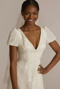 Floral Applique Puff Sleeve V-Neck Wedding Gown -Blissful Brides Shop WG4052 SFTWHTOYSTER DBSTU PROD1 070