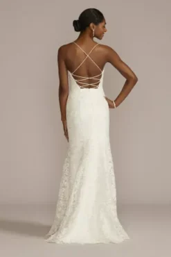 Spaghetti Strap Allover Lace Sheath Wedding Gown -Blissful Brides Shop WG4063 SOFTWHITE DBSTU PROD1 091