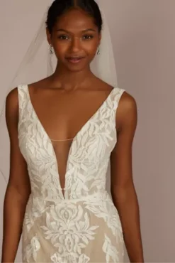 Illusion Plunge Lattice Skirt Wedding Gown 7 Illusion Plunge Lattice Skirt Wedding Gown -Blissful Brides Shop WG4066 IVYBISQUE DBSTU PROD1 101