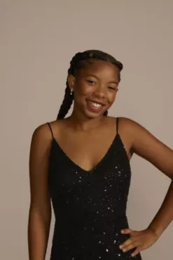 Allover Sequin Floral Embroidered V-Neck Sheath -Blissful Brides Shop WGIN08T BLACK PRM PROD11 042